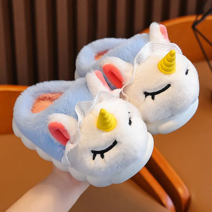 New Winter Kids Cotton Slippers Cartoon Unicorn Children's Indoor Slides Non-Slip Platform Girls And Boys Warm Plush House Shoes