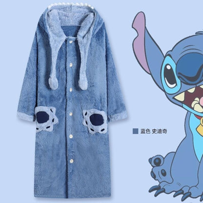 Lilo and Stitch Pajamas for Adults Disney Angel Blue Pink Hooded Couples PJs Cute Kawaii Fleece Robe Pants Set Womens Winter Warm Plush Sleepwear Female