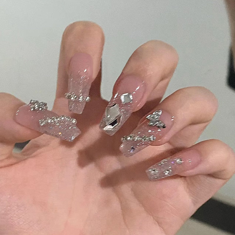 24Pcs Pink Ballet False Nails Long Coffin with Rhinestone Love Heart Wearable Fake Nails Full Cover Press on Nails Tips Glitter