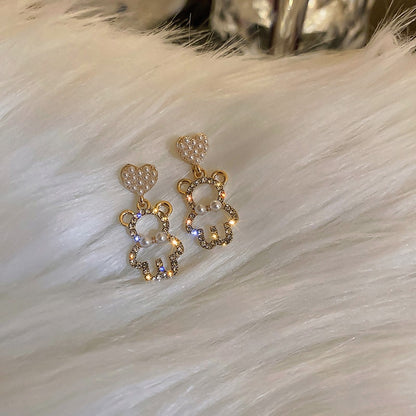 New Pearl Rhinestone Bear Love Earrings Female Exquisite Small Earrings Korea Simple Cute Earrings Female Party Jewelry