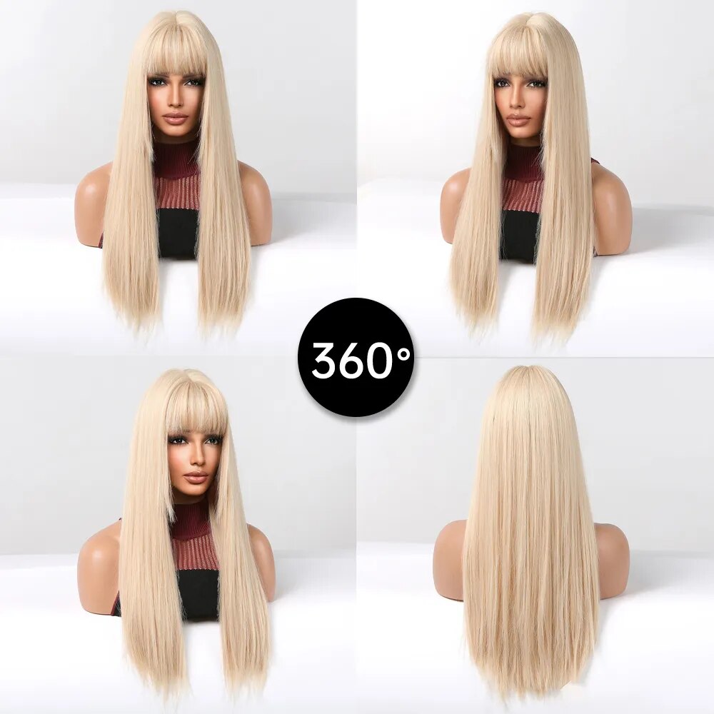 EASIHAIR Blonde Golden Long Straight Synthetic Wigs with Bangs Beige Lolita Hairs Wig for Women Daily Party Heat Resistant Fiber