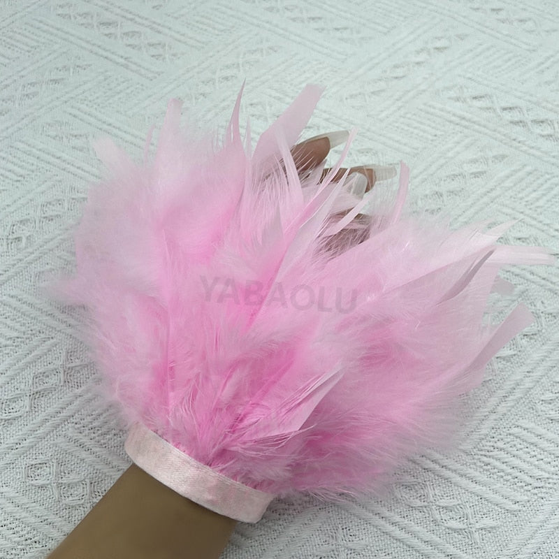 Women Natural Fur Feather Cuffs Snap On Bracelet Arm Cuff Shirts Sleeves For Women Real Ostrich Feather  Anklet Wrist Cuff