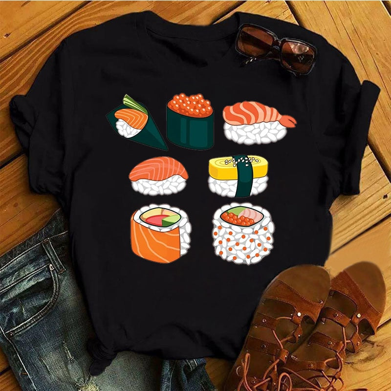 Women Black T-shirts Summer Cute Sushi hug Short Sleeve Tees shirt Femme Summer O-Nock Kawaii Clothing Tops Ladies T shirt
