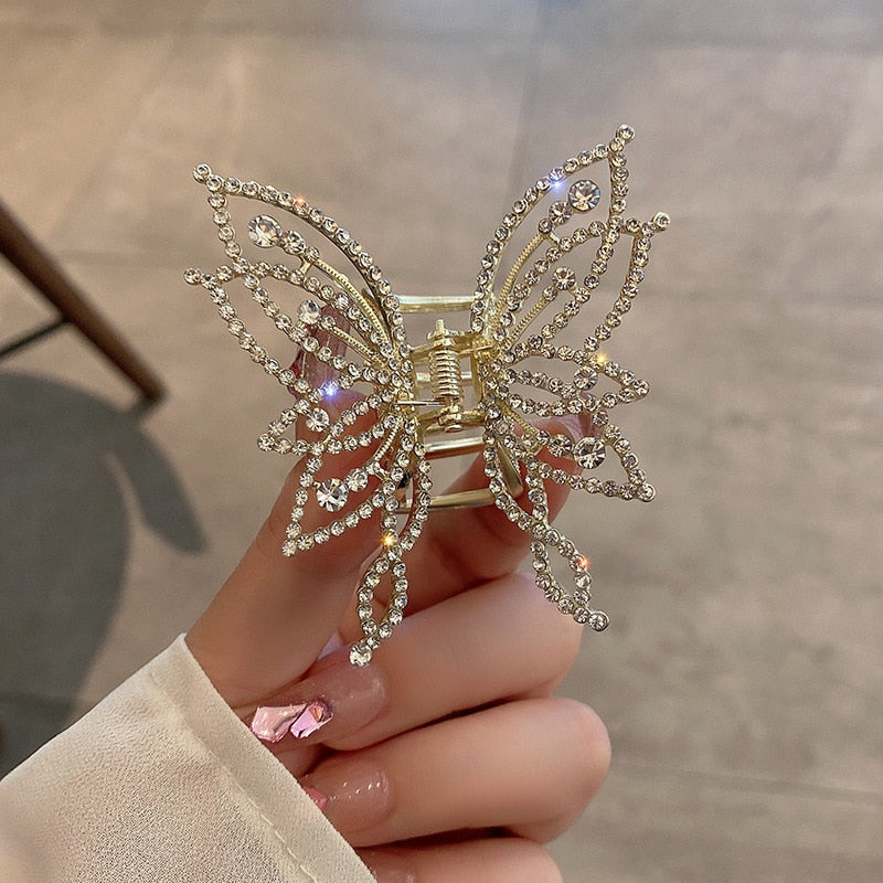 New Female Butterfly Pearl Tassel Hair Claw Rhinestone Clip Korean Simple Shark Ponytail Crab Clip Girls Hair Accessories
