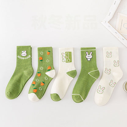 Cartoon Rabbit Carrot Green Women Socks Cute Fashion Funny Cotton Socks For Girls College Style Harajuku Kawaii Calcetines