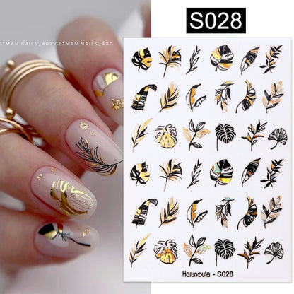 Harunouta Simple Flowers 3D Nail Stickers Gold Heart French Tip Lines Leopard Print Design Adhesive Sliders Manicure Nail Decals