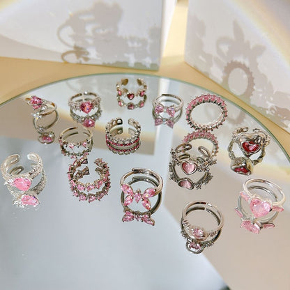 Pink Crystal Heart Bowknot Rings For Women Girls Y2k Kpop Sweet Cool Open Finger Rings Party Fashion Jewelry Gifts New