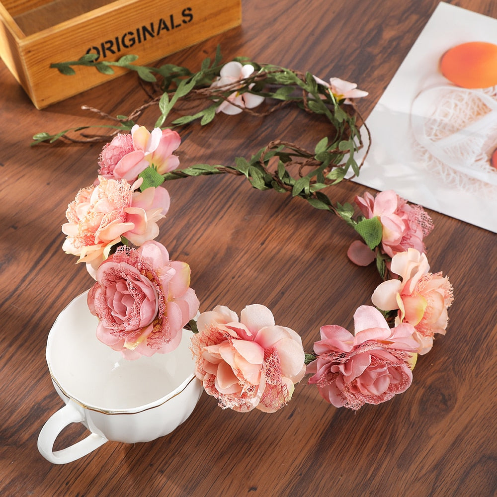 Bohemian Rattan Flower Vines Crown Headband for Bride Wedding Hair Accessories Girls Floral Wreath Head Band Hairstyles Headdres