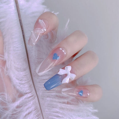 24Pcs Pink Ballet False Nails Long Coffin with Rhinestone Love Heart Wearable Fake Nails Full Cover Press on Nails Tips Glitter