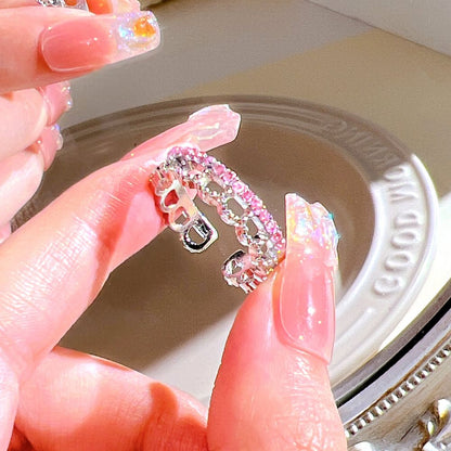 Pink Crystal Heart Bowknot Rings For Women Girls Y2k Kpop Sweet Cool Open Finger Rings Party Fashion Jewelry Gifts New