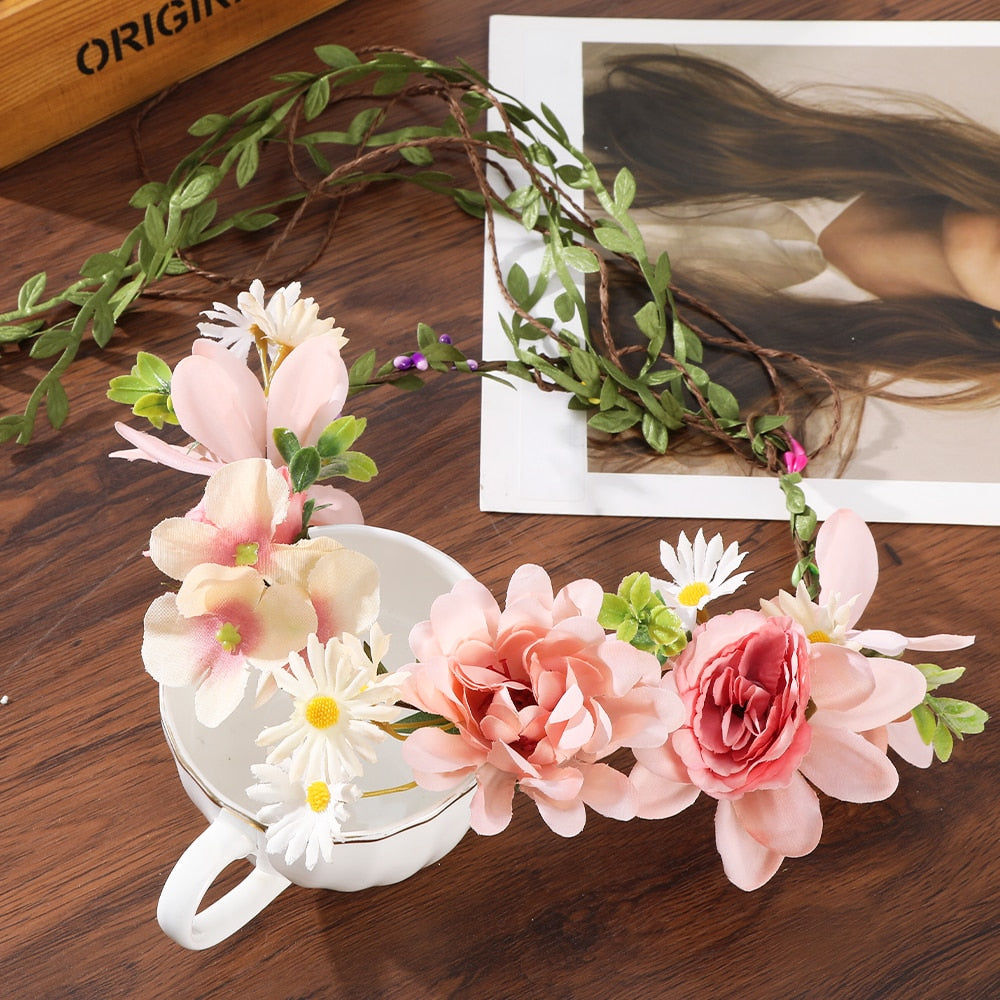 Bohemian Rattan Flower Vines Crown Headband for Bride Wedding Hair Accessories Girls Floral Wreath Head Band Hairstyles Headdres