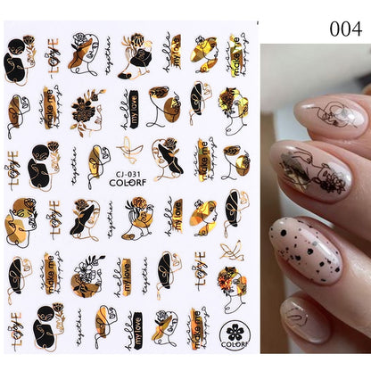 Harunouta Simple Flowers 3D Nail Stickers Gold Heart French Tip Lines Leopard Print Design Adhesive Sliders Manicure Nail Decals