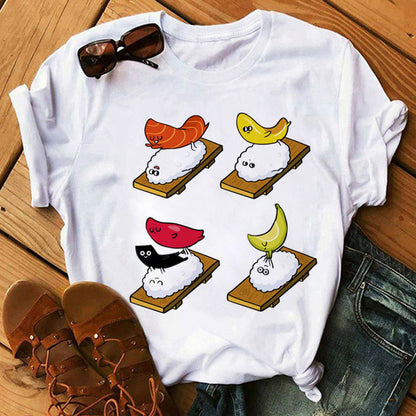 Women Black T-shirts Summer Cute Sushi hug Short Sleeve Tees shirt Femme Summer O-Nock Kawaii Clothing Tops Ladies T shirt