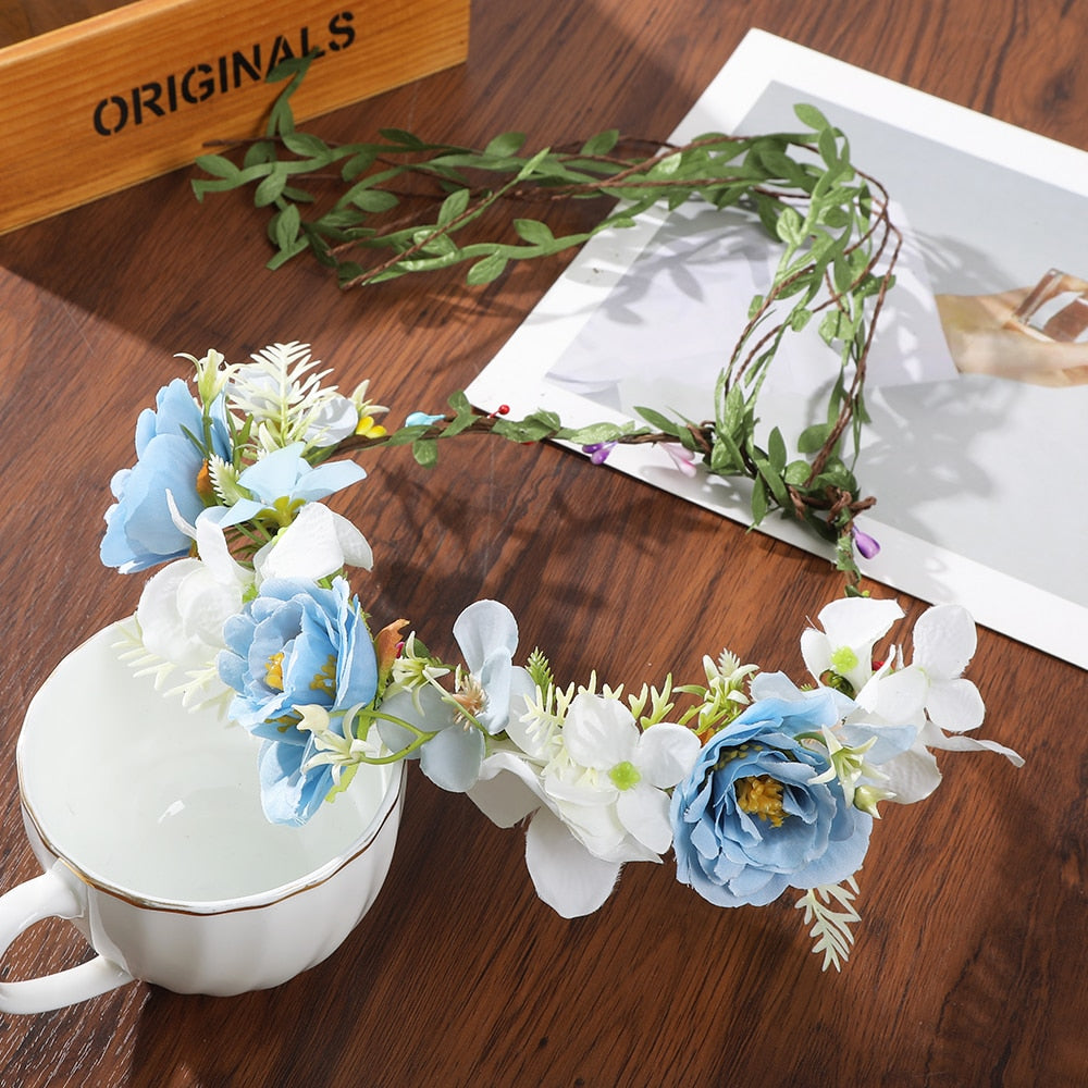 Bohemian Rattan Flower Vines Crown Headband for Bride Wedding Hair Accessories Girls Floral Wreath Head Band Hairstyles Headdres