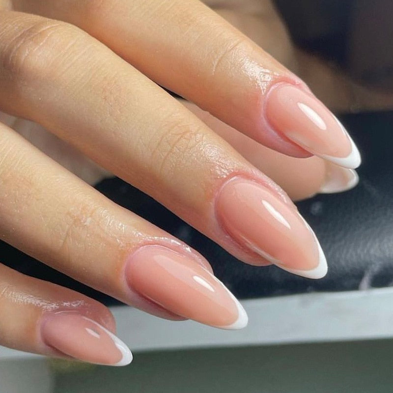 24Pcs Almond Fake Nail Gradient Simple French False Nails Daisy Flower Design Manicure Nails Detachable Full Cover Press On Nail