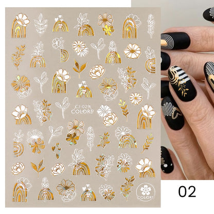 Harunouta Simple Flowers 3D Nail Stickers Gold Heart French Tip Lines Leopard Print Design Adhesive Sliders Manicure Nail Decals