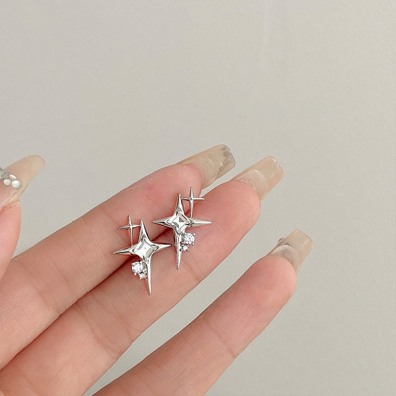 Simple Piercing Stud Earrings for Women Star Moon Zircon 925 Silver Needles Tragus Cartilage Asymmetry Pendiente Plata Jewelry