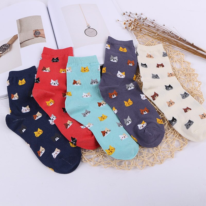 Cartoon Animal Cat Print Cute Women's Socks Japanese Style Kawaii Long Socks Casual Harajuku Streetwear Cotton Soft Crew Socks