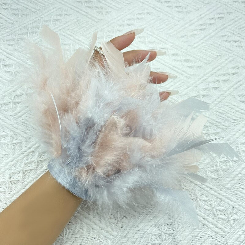 Women Natural Fur Feather Cuffs Snap On Bracelet Arm Cuff Shirts Sleeves For Women Real Ostrich Feather  Anklet Wrist Cuff