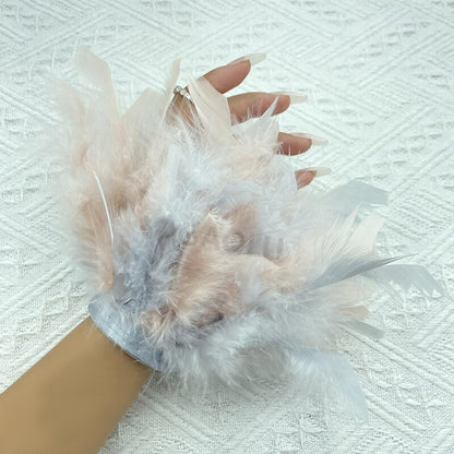 Women Natural Fur Feather Cuffs Snap On Bracelet Arm Cuff Shirts Sleeves For Women Real Ostrich Feather  Anklet Wrist Cuff