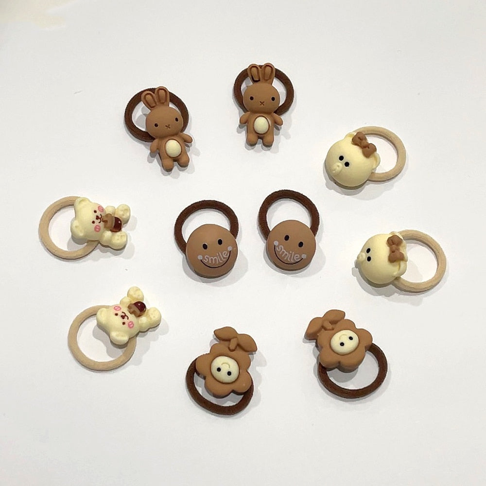 10pcs/Set Cute Bear Rabbit Finger Hair Ties Baby Toddler Elastic Mini Cartoon Animal Flower Ponytail Holder Hair Ropes For Girls