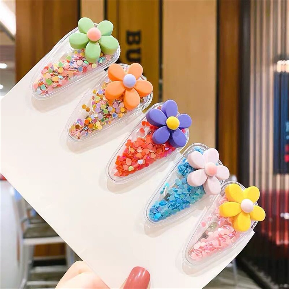 5pcs/Set Cute Fruit Quicksand Sequins Snap BB Clips Children Cartoon Rainbow Animal Bangs Hairpin Side Barrettes