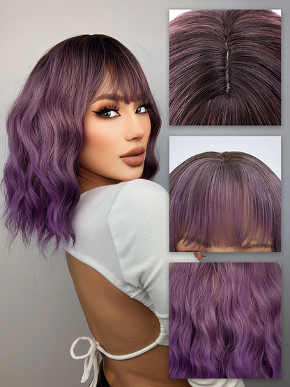 Purple Ombre Short Bob Body Wave Synthetic Wigs For Women Cosplay Wig With Bangs White Synthet Natural Hair Lolita Pelucas Nарик