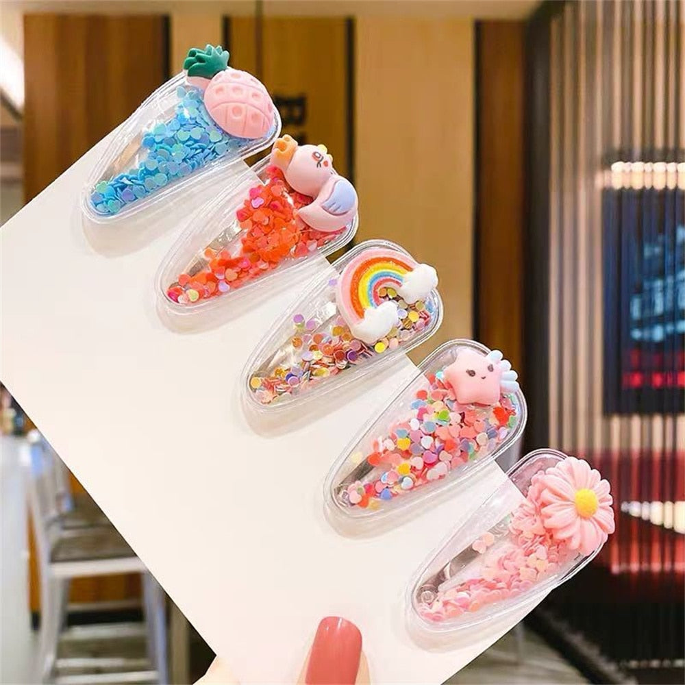 5pcs/Set Cute Fruit Quicksand Sequins Snap BB Clips Children Cartoon Rainbow Animal Bangs Hairpin Side Barrettes