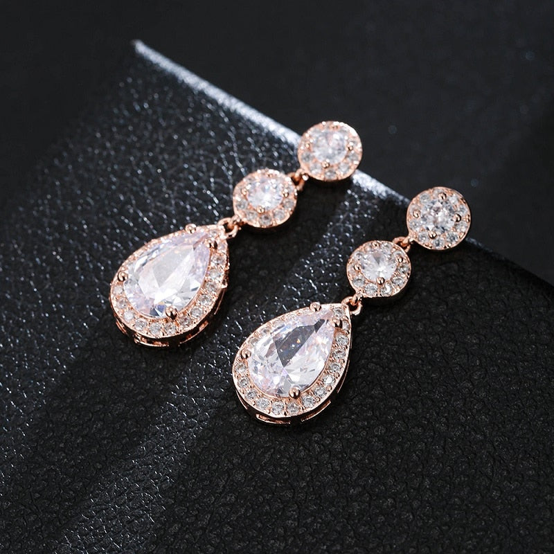 Luxury Zircon Wedding Long Dangle Earrings with Round Water Drop Elegant CZ Earrings for Women Bridal Wedding Jewelry Dress