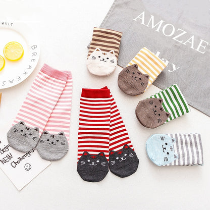 New Casual Harajuku Socks Women Cat Prints Cartoon Animals Cat Pattern Striped Cotton Socks Femme Floor Meias Socks Kawaii