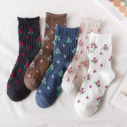 Korean Fashion News Floral Print Women's Socks Harajuku Vintage Streetwear Crew Socks Japanese Kawaii Cute Cotton Long Sock