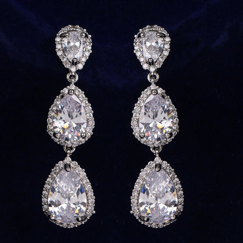 Luxury Zircon Wedding Long Dangle Earrings with Round Water Drop Elegant CZ Earrings for Women Bridal Wedding Jewelry Dress
