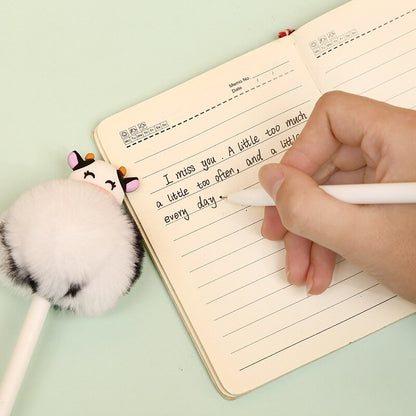 Kawaii Winter Warm Plush Ball Cow Head Mechanical Gel Ink Pens Cute School Office Writing Supplies Stationery Gift Prizes
