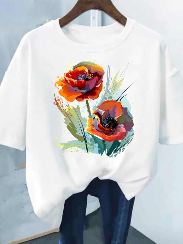 Flower Print Fashion Plant Trend Lovely Style Short Sleeve Women Graphic Tee Summer T Clothing Female Clothes Casual T-shirts
