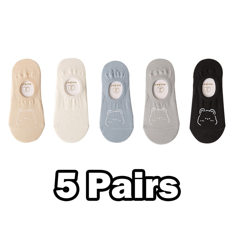 5 Pairs New Kawai Women Socks Summer Cute Japanese Fashion Cartoon Bear Funny Socks Soft Cotton Short Non-slip Invisible Socks