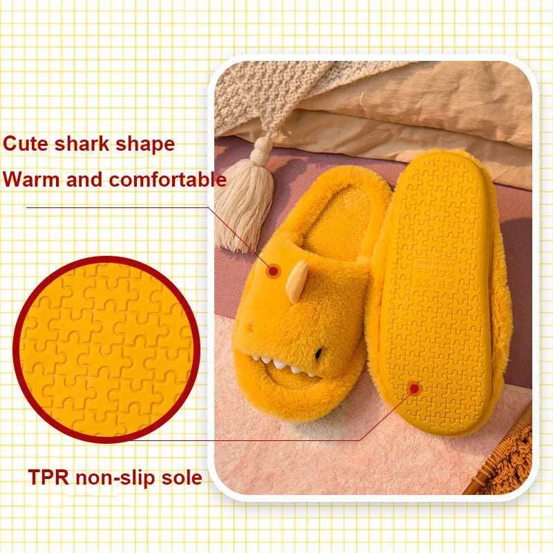 Comwarm Autumn And Winter Cartoon Shark Wool Slippers For Women Soft Home Men's Indoor Household Open Toe Plush Cotton Slippers