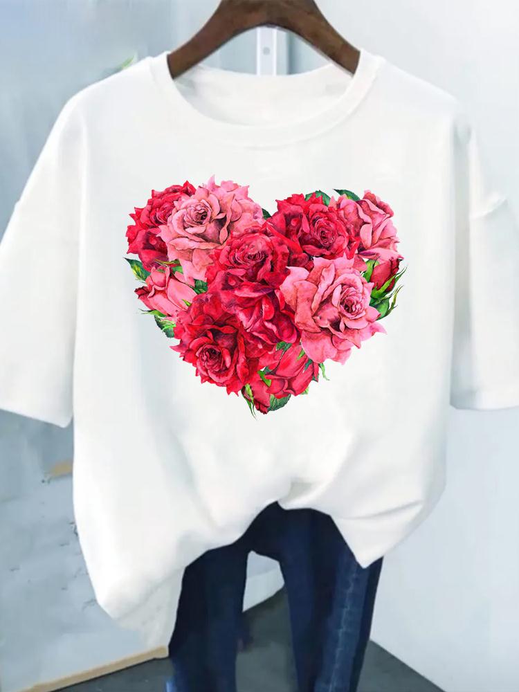 Flower Print Fashion Plant Trend Lovely Style Short Sleeve Women Graphic Tee Summer T Clothing Female Clothes Casual T-shirts
