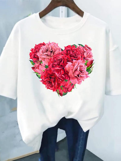 Flower Print Fashion Plant Trend Lovely Style Short Sleeve Women Graphic Tee Summer T Clothing Female Clothes Casual T-shirts