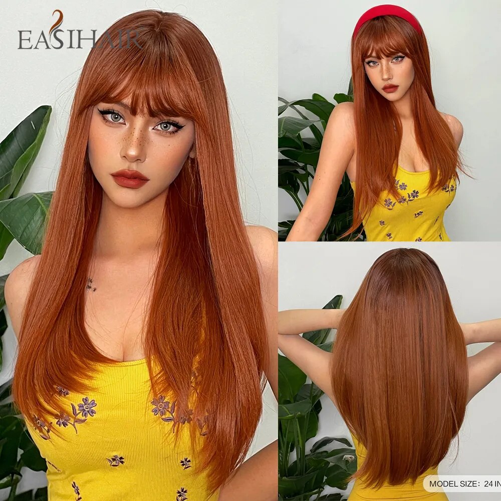 EASIHAIR Blonde Golden Long Straight Synthetic Wigs with Bangs Beige Lolita Hairs Wig for Women Daily Party Heat Resistant Fiber