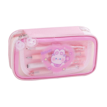 Cute Cartoon Bear Large Capacity Pencil Case Transparent Multi Layered Pencil Bag Stationery Storage Bag Box School Supplies