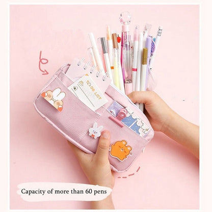 Kawaii Purple Canvas Pencil Case Cute Animal Badge Pink Pencilcases Large School Pencil Bags For Maiden Girl Stationery Supplies