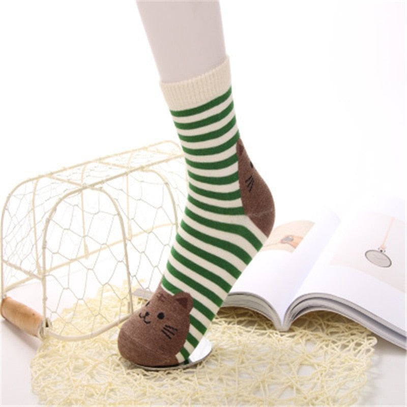 New Casual Harajuku Socks Women Cat Prints Cartoon Animals Cat Pattern Striped Cotton Socks Femme Floor Meias Socks Kawaii