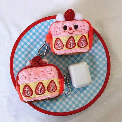 Strawberry Cake Lovely Earphone Case Pouch Plush Cartoon Cute Coin Purse Zipper Storage Bag Embroidery Pouch Keychain Pendant
