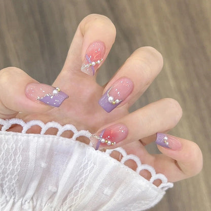 24Pcs Pink Ballet False Nails Long Coffin with Rhinestone Love Heart Wearable Fake Nails Full Cover Press on Nails Tips Glitter