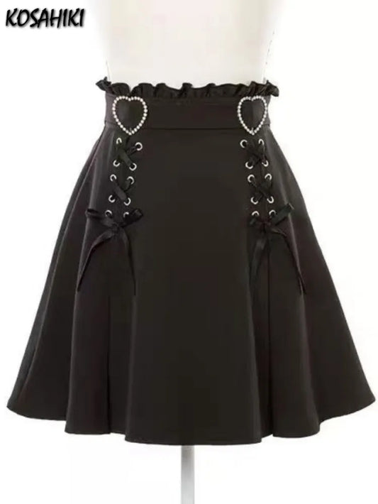 Y2k Aesthetic Harajuku Style Sweet Girl High Waist Mini Bandage Skirt Slim Women Solid Streetwear Gothic Jk Saia Feminina