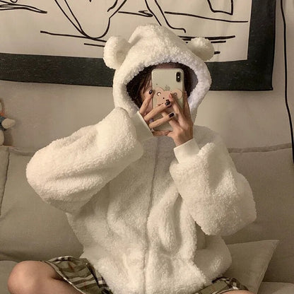 Deeptown Sweet Kawaii Bear Zip Up Hoodies Women Japanese Harajuku Cute Ear School Student Hooded Sweatshirt Autumn