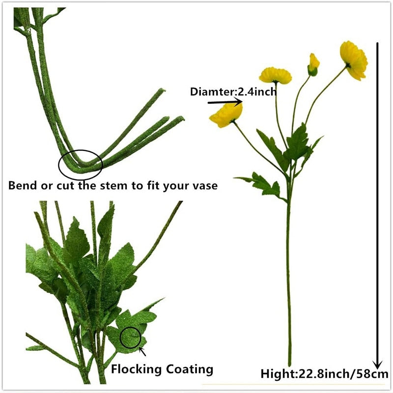 Artificial Flowers Poppy Silk Flowers Long Stem Housewarming  Garden Table Wedding DIY Party Wedding Bridal Bouquet Decoration