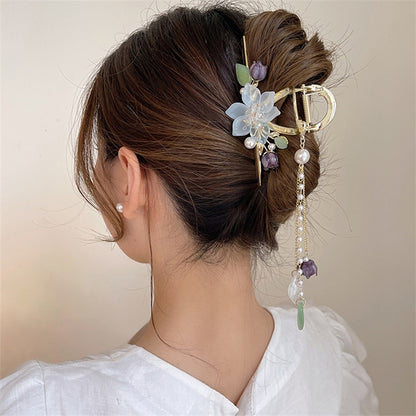 New Classical Orchid Pearl Tassel Grab Clip Ladies Ponytail Clip Flower Shark Clip Girl Elegant Headwear Accessories