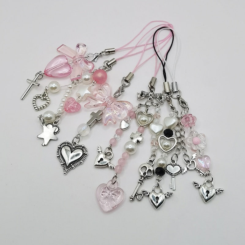 Pink Y2K Phone Charms Pendant Kawaii Key Chain For Bag iPhone Samsung Cute Accessories Women Girl Strap Lanyard Beaded Ins Korea