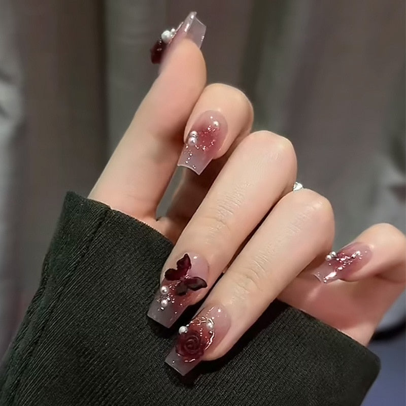 24Pcs Pink Ballet False Nails Long Coffin with Rhinestone Love Heart Wearable Fake Nails Full Cover Press on Nails Tips Glitter